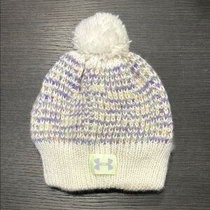 Under Armour Youth White &‎ Purple Knit Pom Pom Fleece Lined Beanie Ski Hat OSFA